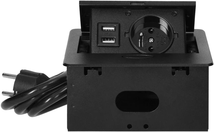 Orno Wpuszczane Įleidžiamas baldų lizdas su USB įkrovikliu ir 1,5 m laidu, 1x2P+Z, 2xUSB (A tipo, 2,1A), plokščiu frezuotu kraštu, juodas
