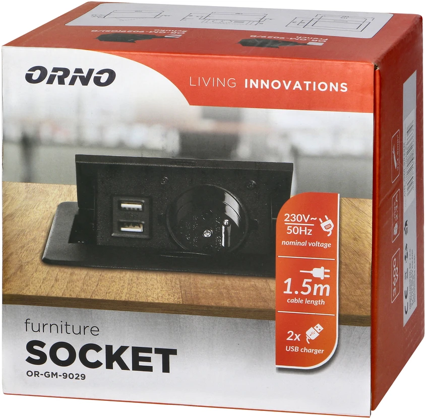 Orno Wpuszczane Įleidžiamas baldų lizdas su USB įkrovikliu ir 1,5 m laidu, 1x2P+Z Schuko, 2xUSB (A tipo, 2,1A), plokščiu frezuotu kraštu, juodas