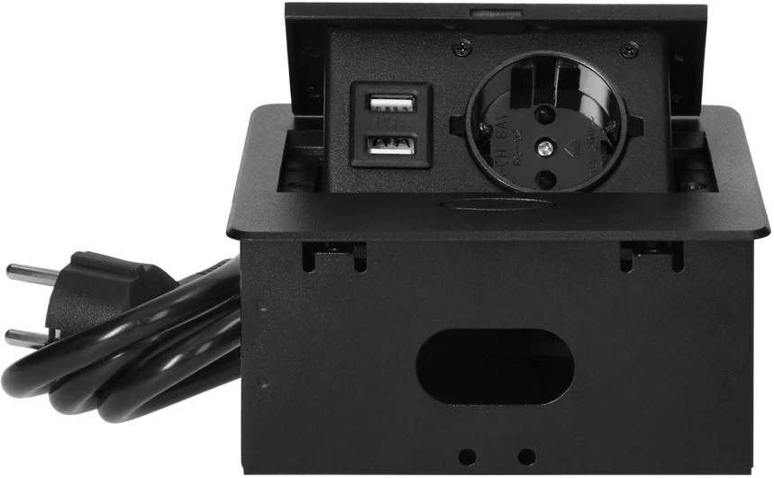 Orno Wpuszczane Įleidžiamas baldų lizdas su USB įkrovikliu ir 1,5 m laidu, 1x2P+Z Schuko, 2xUSB (A tipo, 2,1A), plokščiu frezuotu kraštu, juodas