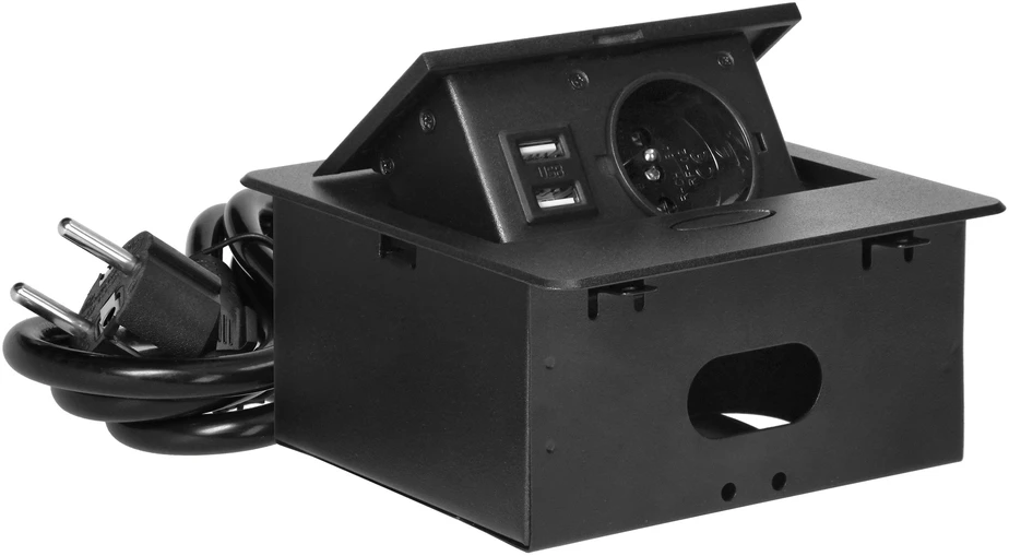 Orno Wpuszczane Įleidžiamas baldų lizdas su USB įkrovikliu ir 1,5 m laidu, 1x2P+Z, 2xUSB (A tipo, 2,1A), plokščiu frezuotu kraštu, juodas