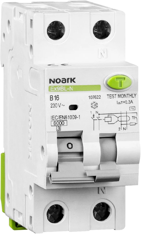 Wyłącznik Diferencinis automatinis jungiklis su apsauga nuo viršsrovės, Icn=6kA, 1+N polius, B charakteristika, In=16A, I?n=30mA, AC tipas, 107622