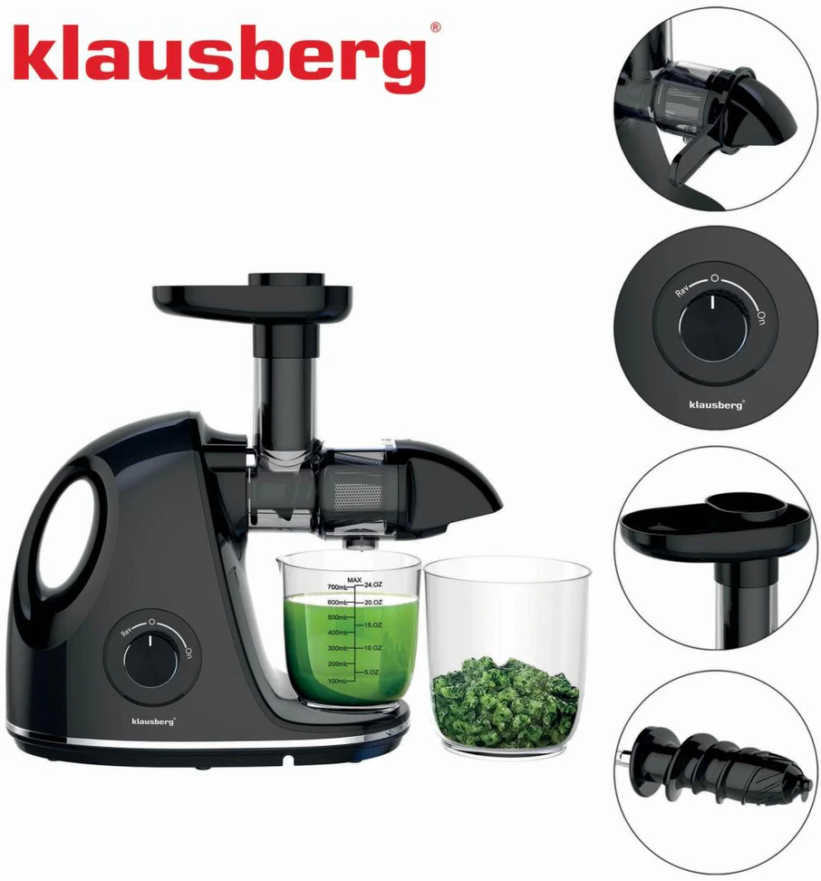 Sulčiaspaudė Lėta sulčiaspaudė vaisiams ir daržovėms, horizontali su rankena, 150 W, juoda, Klausberg, kb-7861