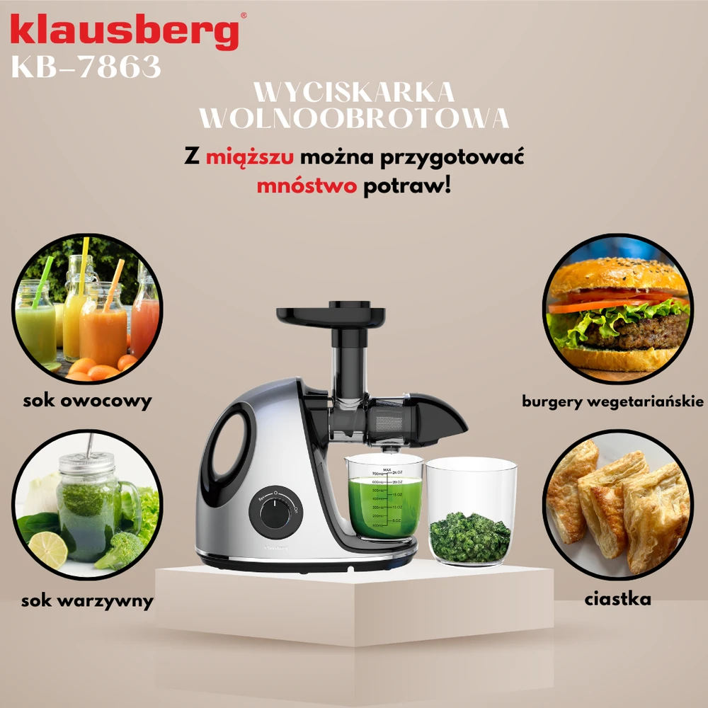 Sulčiaspaudė Lėta sulčiaspaudė vaisiams ir daržovėms, horizontali su rankena, 150 W, pilka, Klausberg, kb-7863