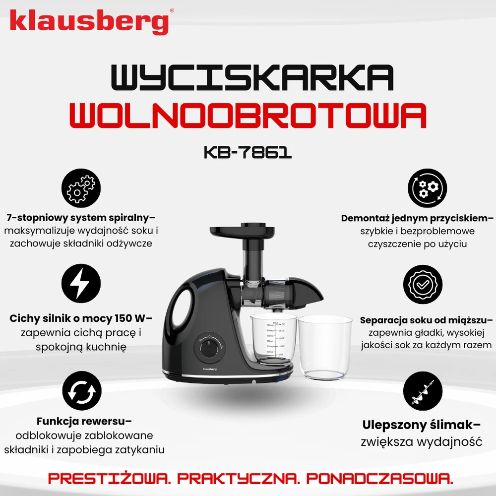 Sulčiaspaudė Lėta sulčiaspaudė vaisiams ir daržovėms, horizontali su rankena, 150 W, juoda, Klausberg, kb-7861