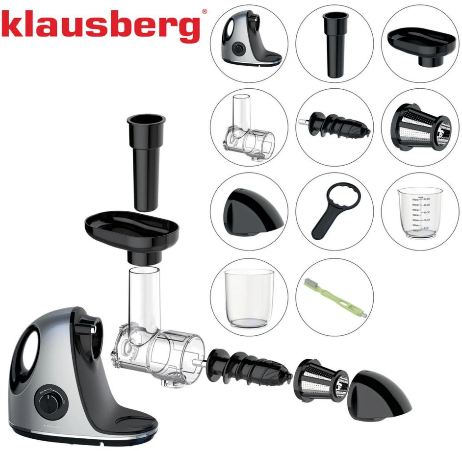 Sulčiaspaudė Lėta sulčiaspaudė vaisiams ir daržovėms, horizontali su rankena, 150 W, pilka, Klausberg, kb-7863