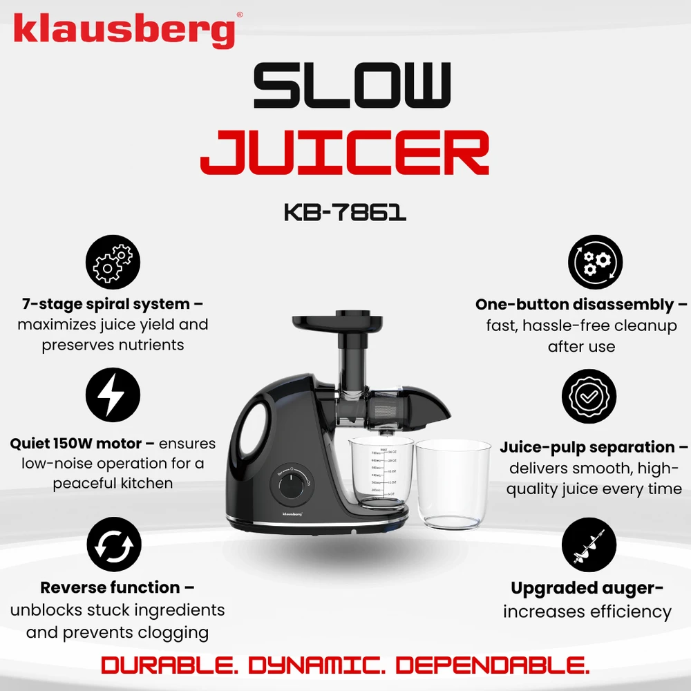 Sulčiaspaudė Lėta sulčiaspaudė vaisiams ir daržovėms, horizontali su rankena, 150 W, juoda, Klausberg, kb-7861