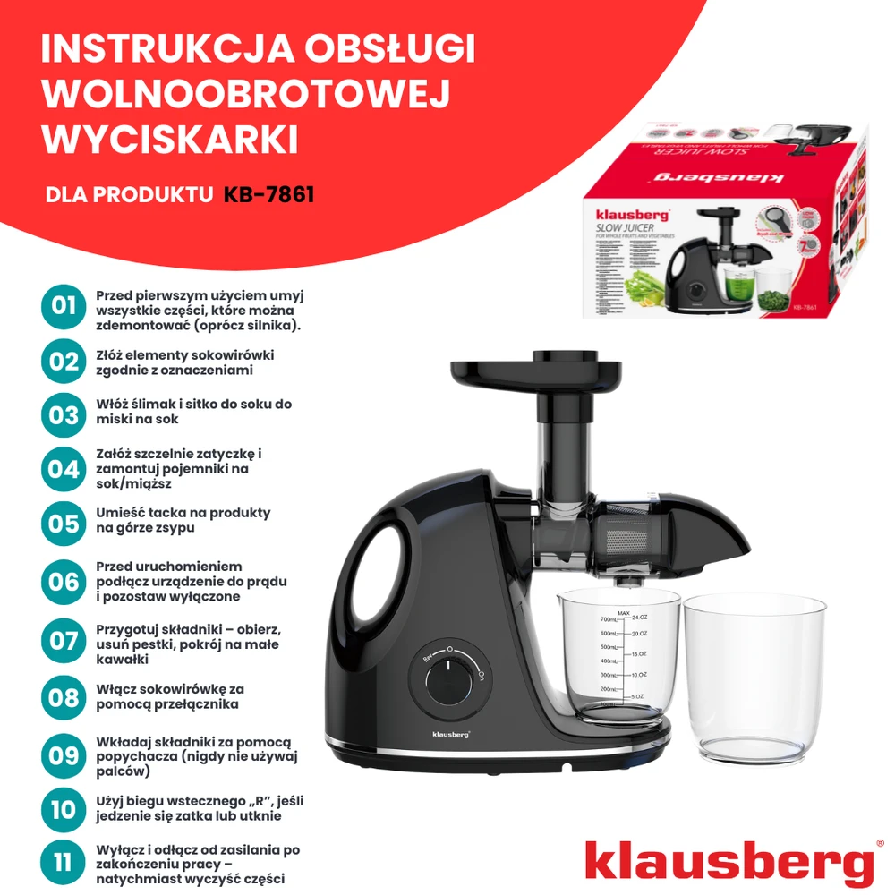 Sulčiaspaudė Lėta sulčiaspaudė vaisiams ir daržovėms, horizontali su rankena, 150 W, juoda, Klausberg, kb-7861