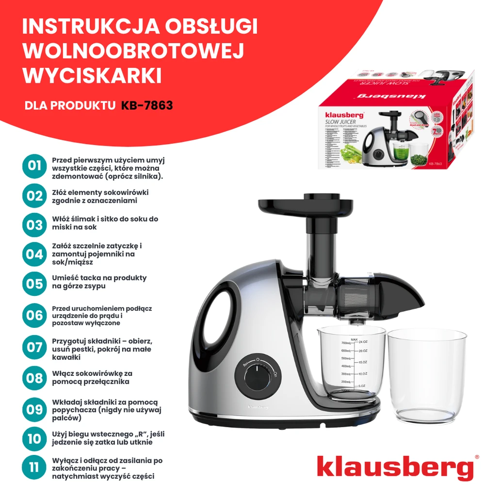 Sulčiaspaudė Lėta sulčiaspaudė vaisiams ir daržovėms, horizontali su rankena, 150 W, pilka, Klausberg, kb-7863