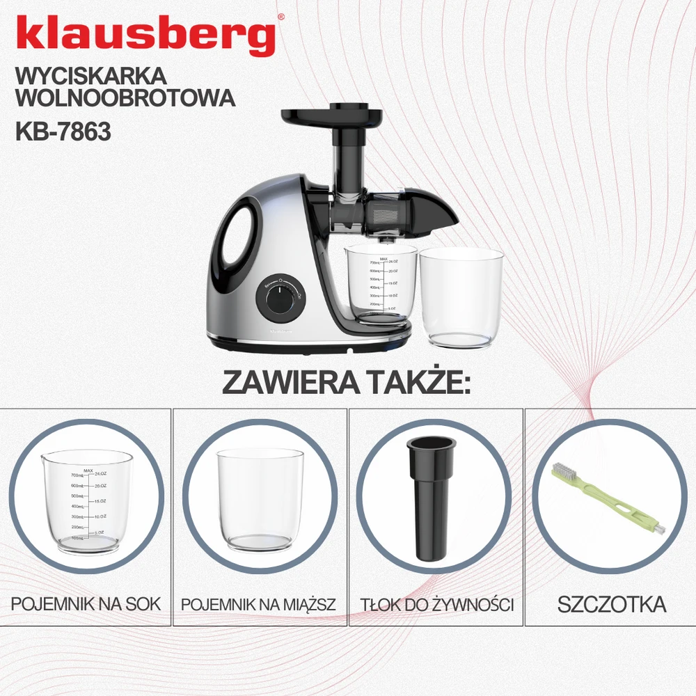 Sulčiaspaudė Lėta sulčiaspaudė vaisiams ir daržovėms, horizontali su rankena, 150 W, pilka, Klausberg, kb-7863