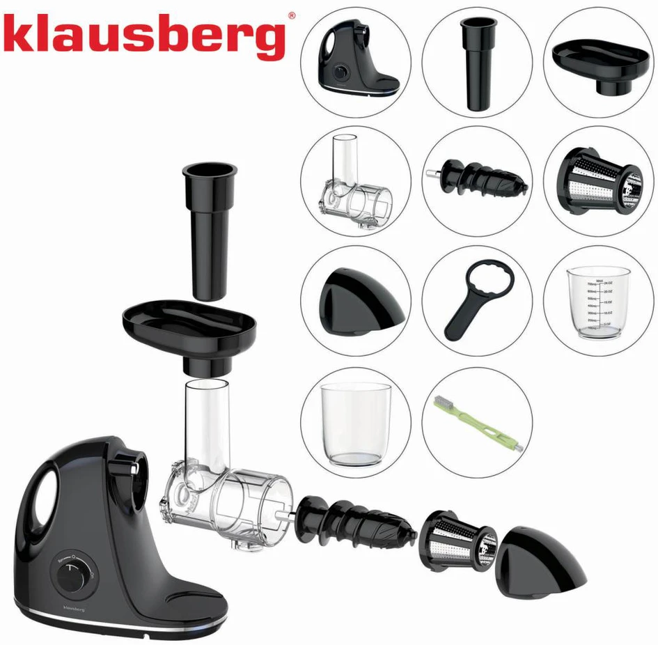 Sulčiaspaudė Lėta sulčiaspaudė vaisiams ir daržovėms, horizontali su rankena, 150 W, juoda, Klausberg, kb-7861