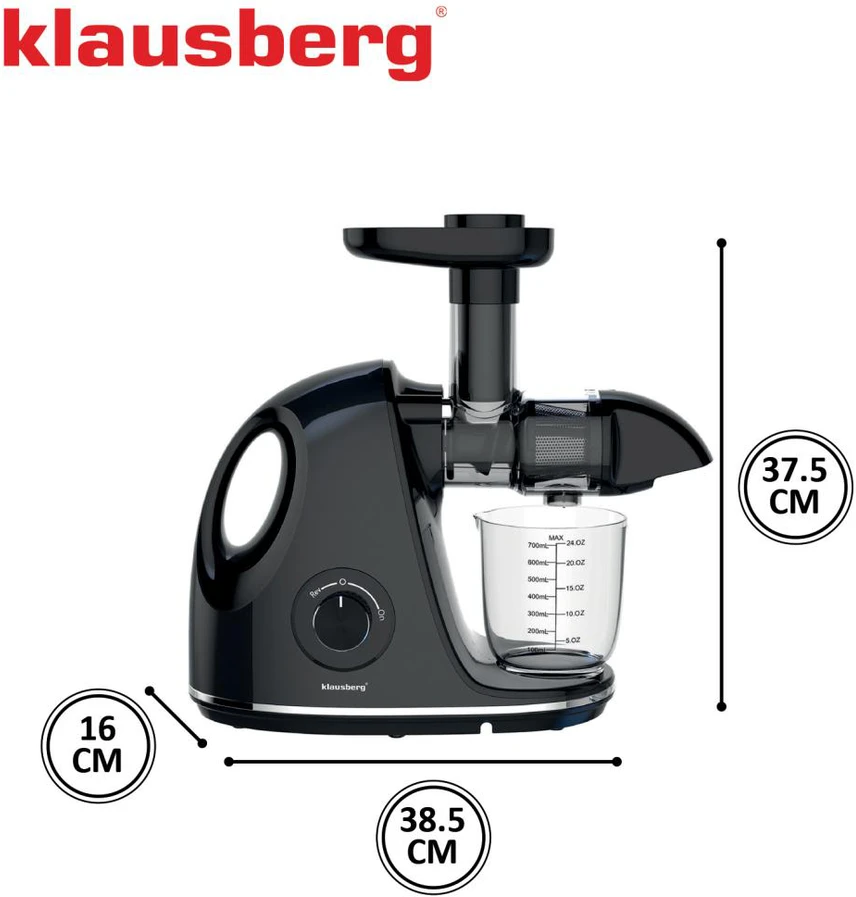 Sulčiaspaudė Lėta sulčiaspaudė vaisiams ir daržovėms, horizontali su rankena, 150 W, juoda, Klausberg, kb-7861