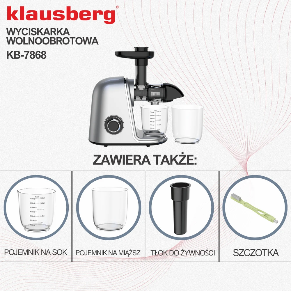 Sulčiaspaudė Lėtaeigė sulčiaspaudė vaisiams ir daržovėms, horizontali, pilka, 150 W, Klausberg, kb-7868