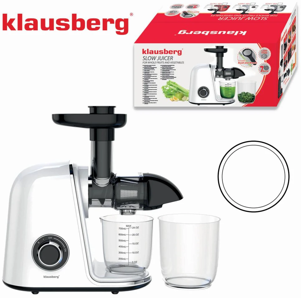 Sulčiaspaudė Lėtaeigė sulčiaspaudė vaisiams ir daržovėms, horizontali, balta, 150 W, Klausberg KB-7869