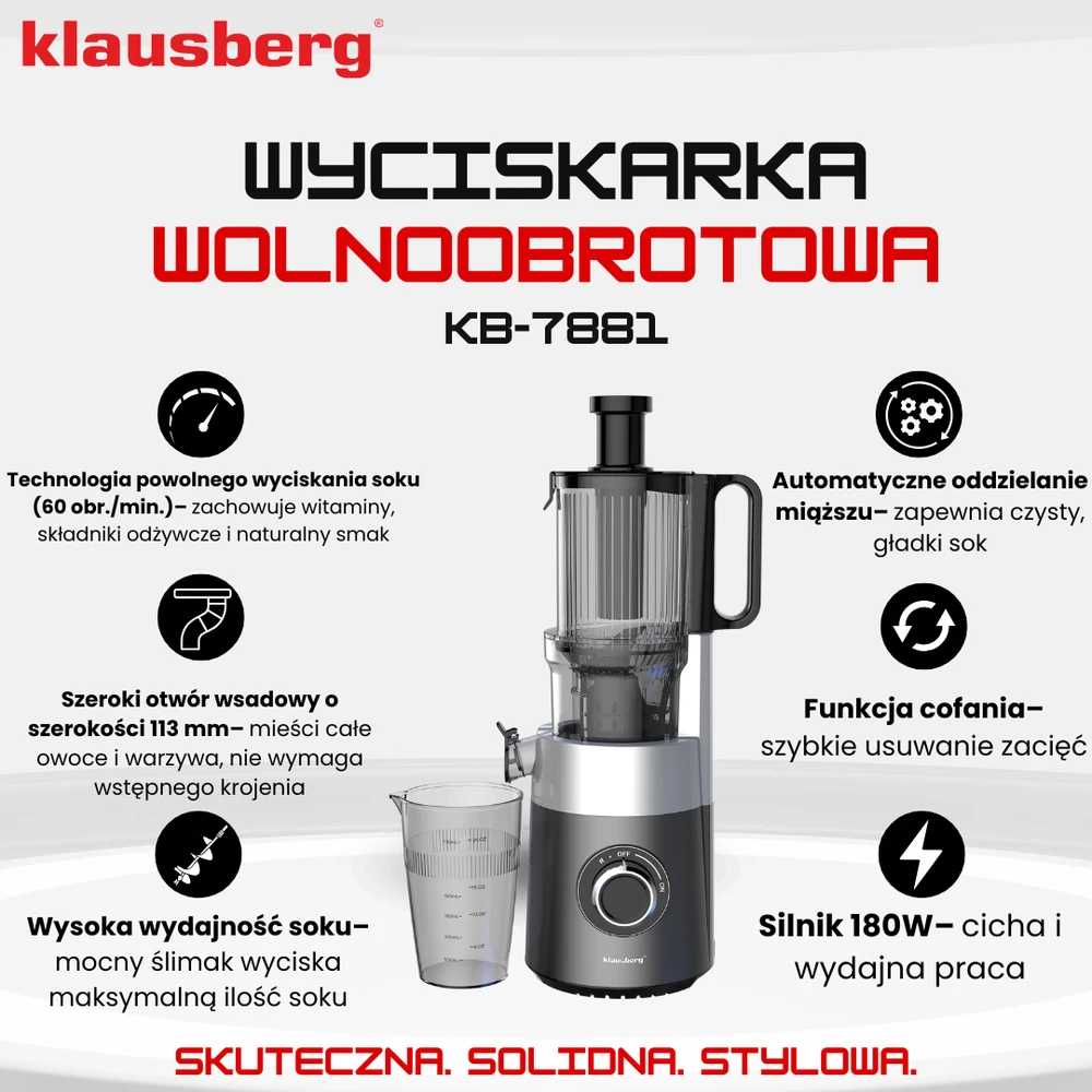 Sulčiaspaudė Lėtaeigė sulčiaspaudė vaisiams ir daržovėms, vertikali, pilka, 180 W, Klausberg, kb-7881