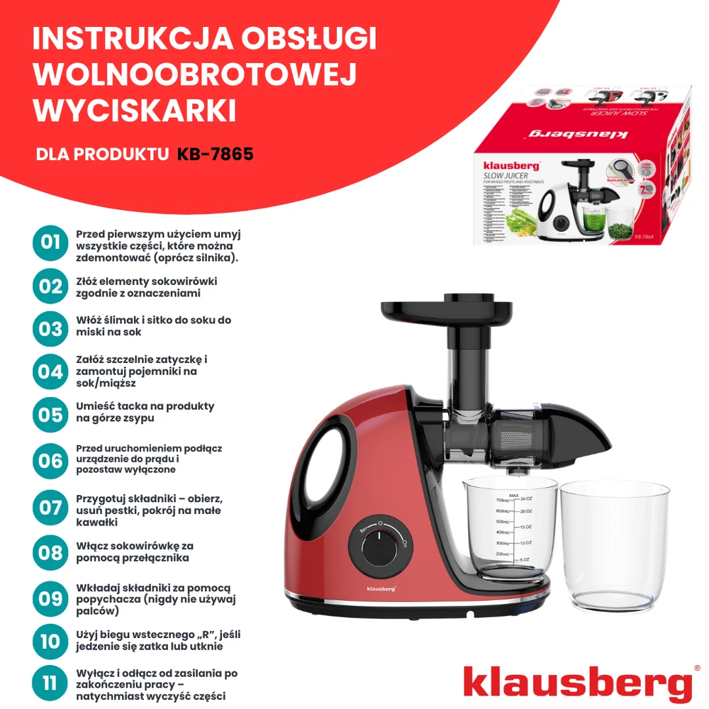 Sulčiaspaudė Lėtaeigė sulčiaspaudė vaisiams ir daržovėms, horizontali su rankena, 150 W, vyšninės raudonos spalvos, Klausberg, kb-7865