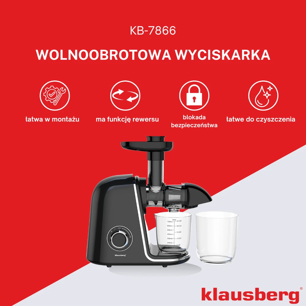 Sulčiaspaudė Lėtaeigė sulčiaspaudė vaisiams ir daržovėms, horizontali, juoda su sidabro elementais, 150 W, Klausberg, kb-7866
