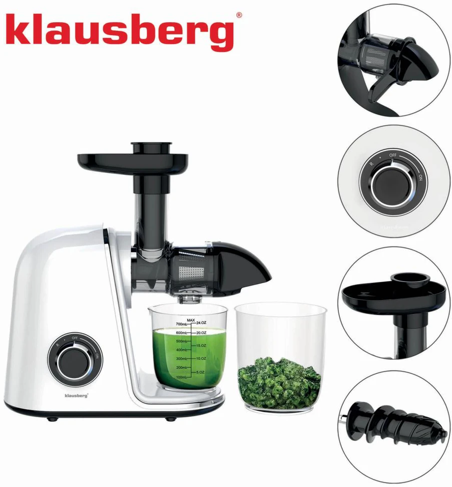 Sulčiaspaudė Lėtaeigė sulčiaspaudė vaisiams ir daržovėms, horizontali, balta, 150 W, Klausberg KB-7869