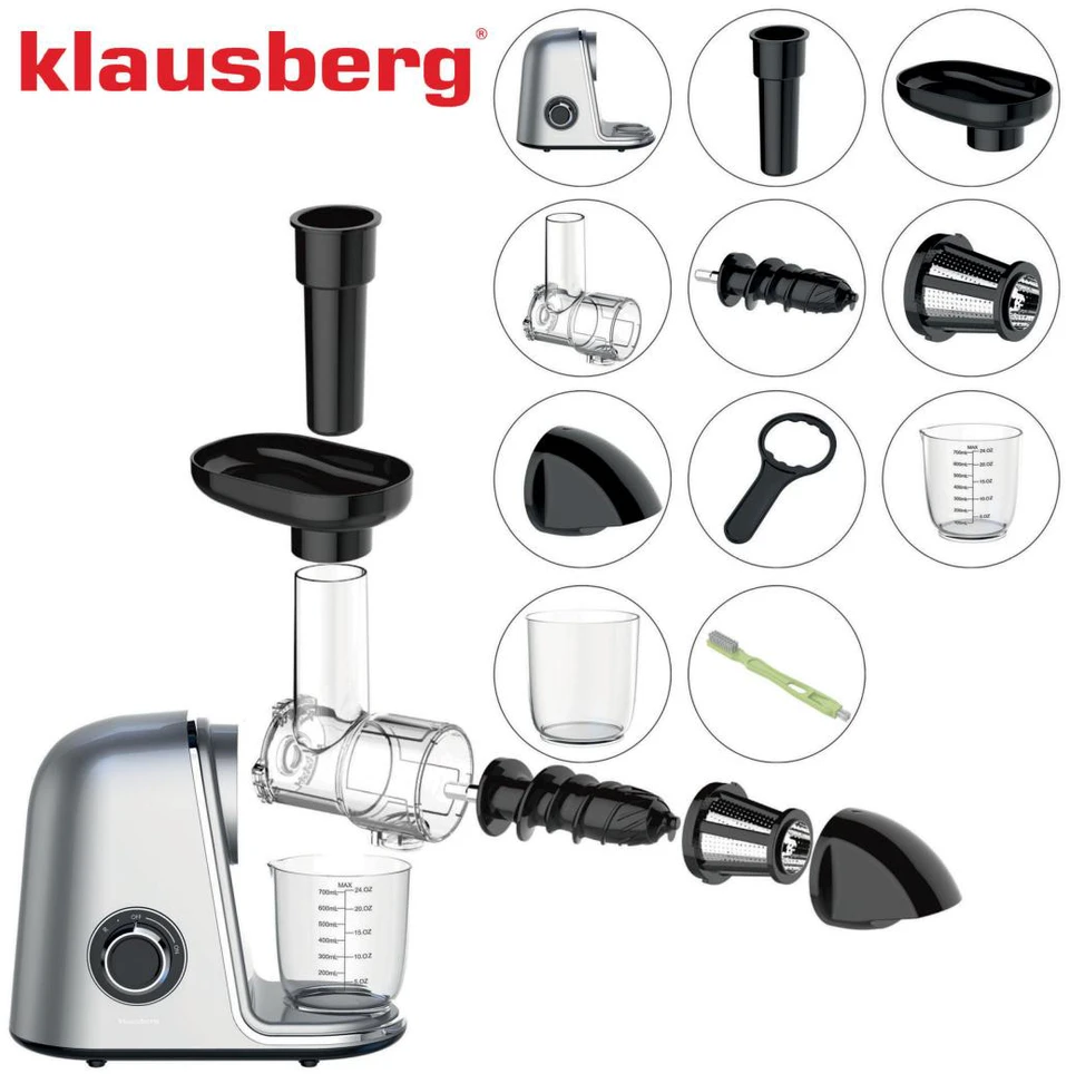 Sulčiaspaudė Lėtaeigė sulčiaspaudė vaisiams ir daržovėms, horizontali, pilka, 150 W, Klausberg, kb-7868