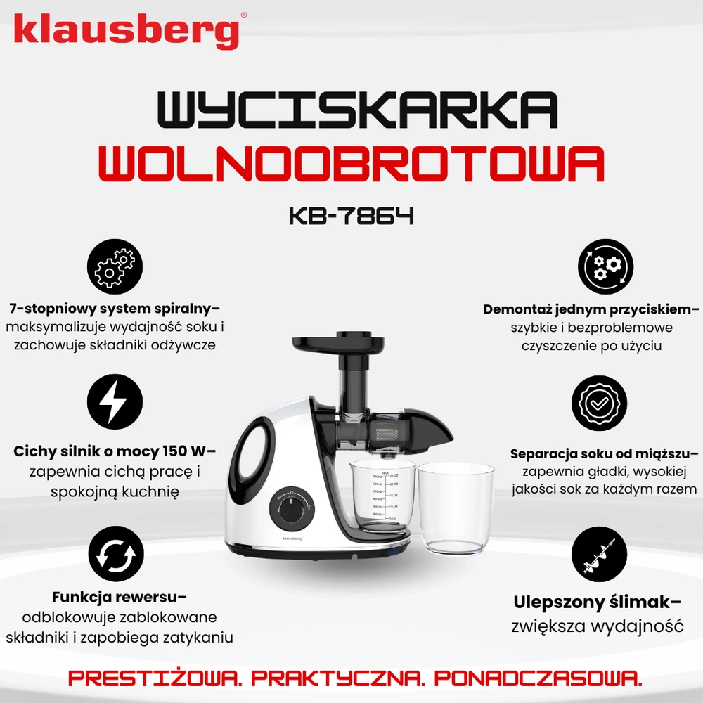 Sulčiaspaudė Lėtaeigė sulčiaspaudė vaisiams ir daržovėms, horizontali su rankena, 150 W, balta, Klausberg, kb-7864