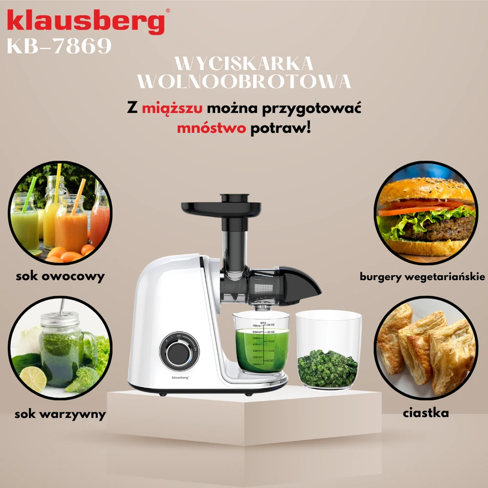 Sulčiaspaudė Lėtaeigė sulčiaspaudė vaisiams ir daržovėms, horizontali, balta, 150 W, Klausberg KB-7869