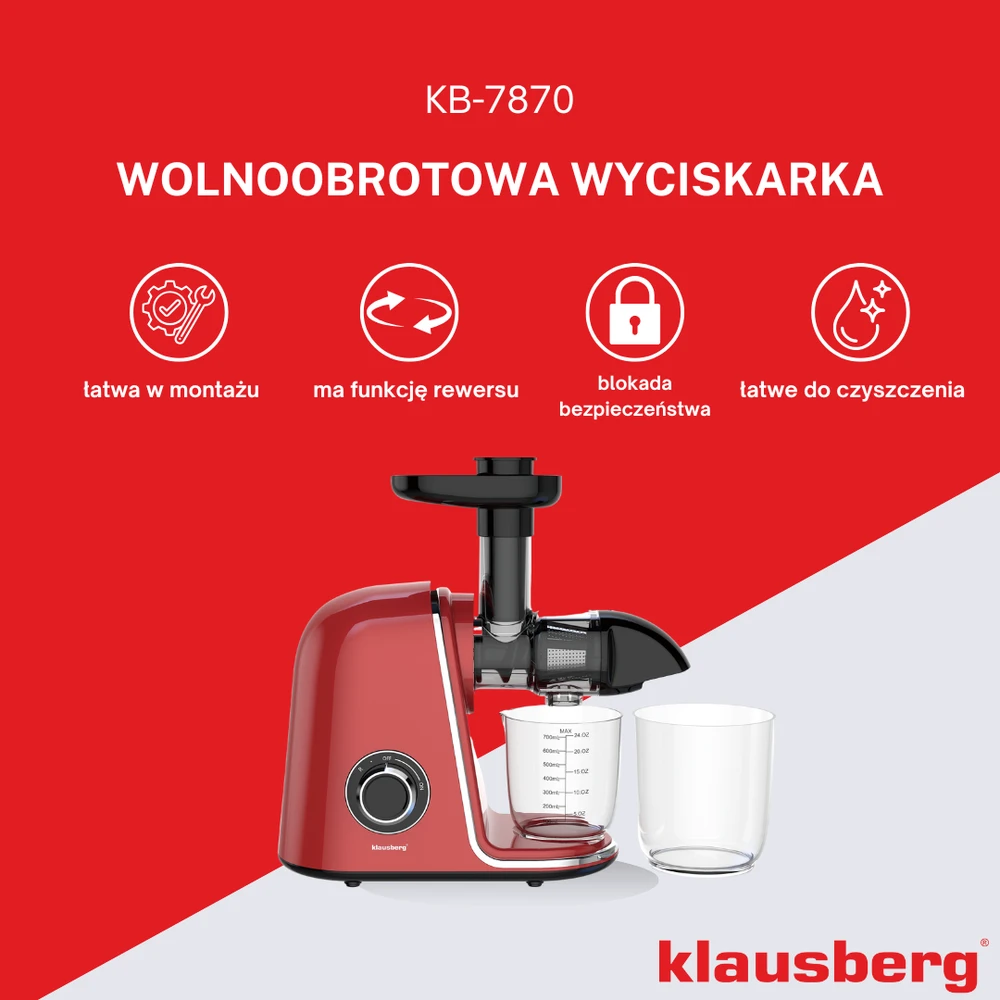 Sulčiaspaudė Lėtaeigė sulčiaspaudė vaisiams ir daržovėms, horizontali, vyšninės raudonos spalvos, 150 W, klausberg KB-7870
