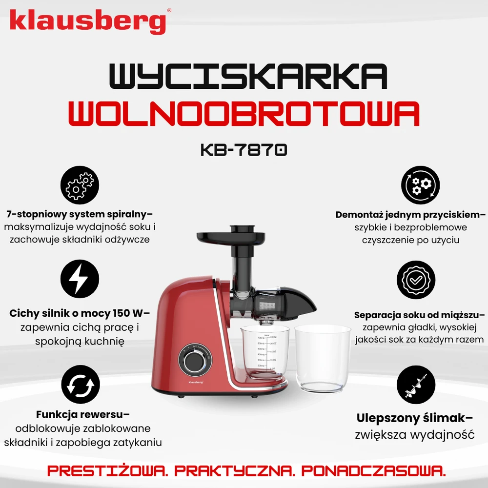 Sulčiaspaudė Lėtaeigė sulčiaspaudė vaisiams ir daržovėms, horizontali, vyšninės raudonos spalvos, 150 W, klausberg KB-7870