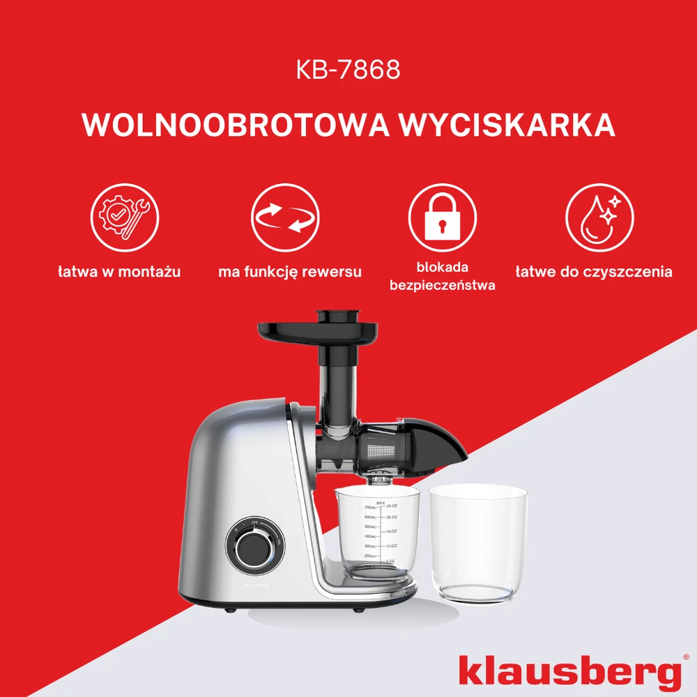 Sulčiaspaudė Lėtaeigė sulčiaspaudė vaisiams ir daržovėms, horizontali, pilka, 150 W, Klausberg, kb-7868