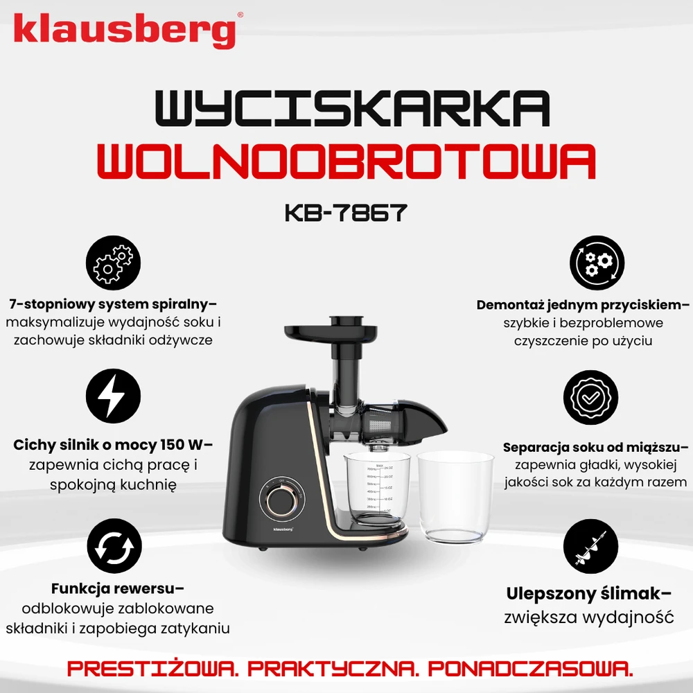 Sulčiaspaudė Lėtaeigė sulčiaspaudė vaisiams ir daržovėms, horizontali, juoda su rožinio aukso elementais, 150 W, Klausberg, kb-7867