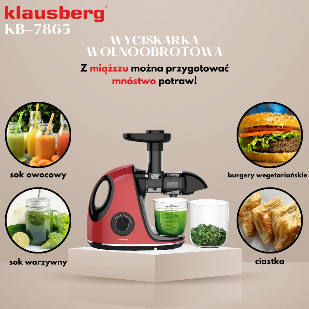 Sulčiaspaudė Lėtaeigė sulčiaspaudė vaisiams ir daržovėms, horizontali su rankena, 150 W, vyšninės raudonos spalvos, Klausberg, kb-7865