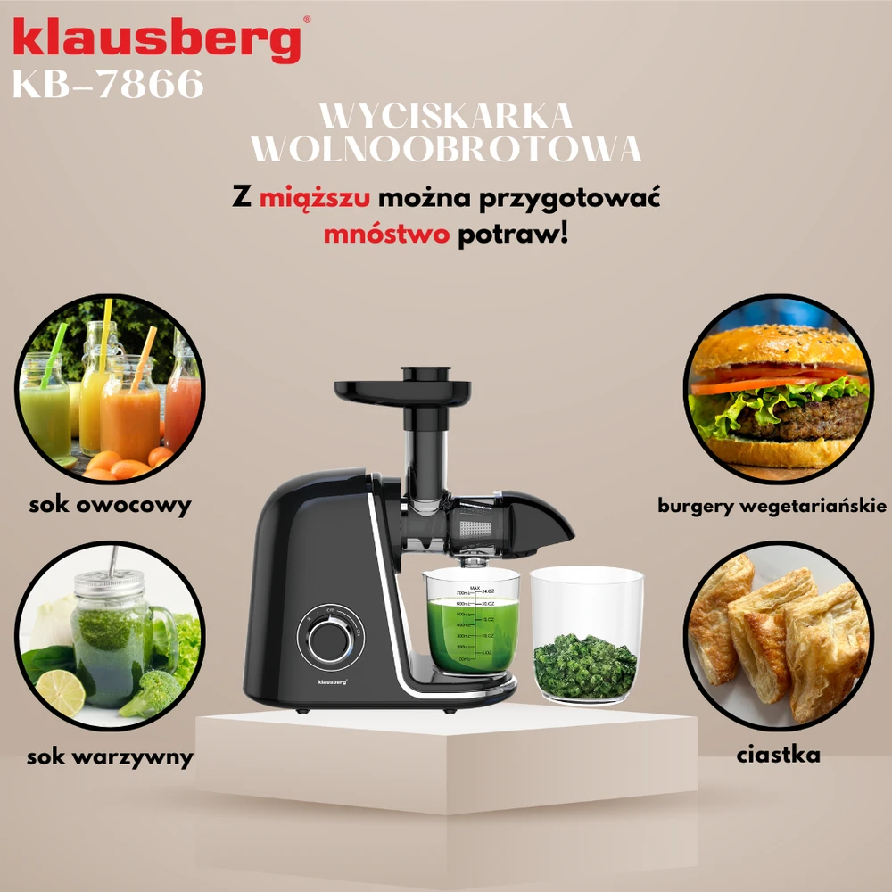 Sulčiaspaudė Lėtaeigė sulčiaspaudė vaisiams ir daržovėms, horizontali, juoda su sidabro elementais, 150 W, Klausberg, kb-7866