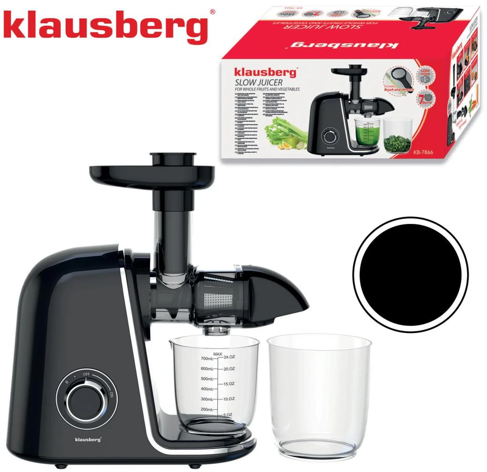 Sulčiaspaudė Lėtaeigė sulčiaspaudė vaisiams ir daržovėms, horizontali, juoda su sidabro elementais, 150 W, Klausberg, kb-7866