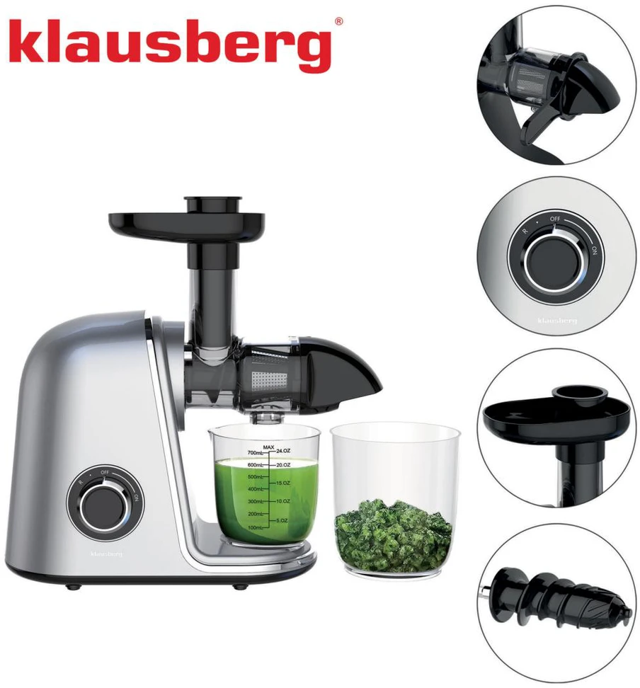 Sulčiaspaudė Lėtaeigė sulčiaspaudė vaisiams ir daržovėms, horizontali, pilka, 150 W, Klausberg, kb-7868
