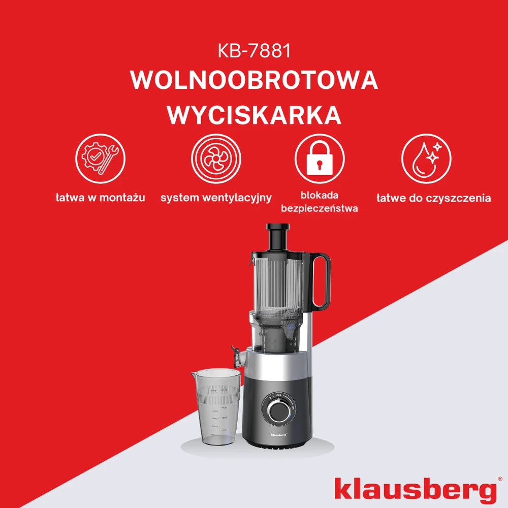Sulčiaspaudė Lėtaeigė sulčiaspaudė vaisiams ir daržovėms, vertikali, pilka, 180 W, Klausberg, kb-7881