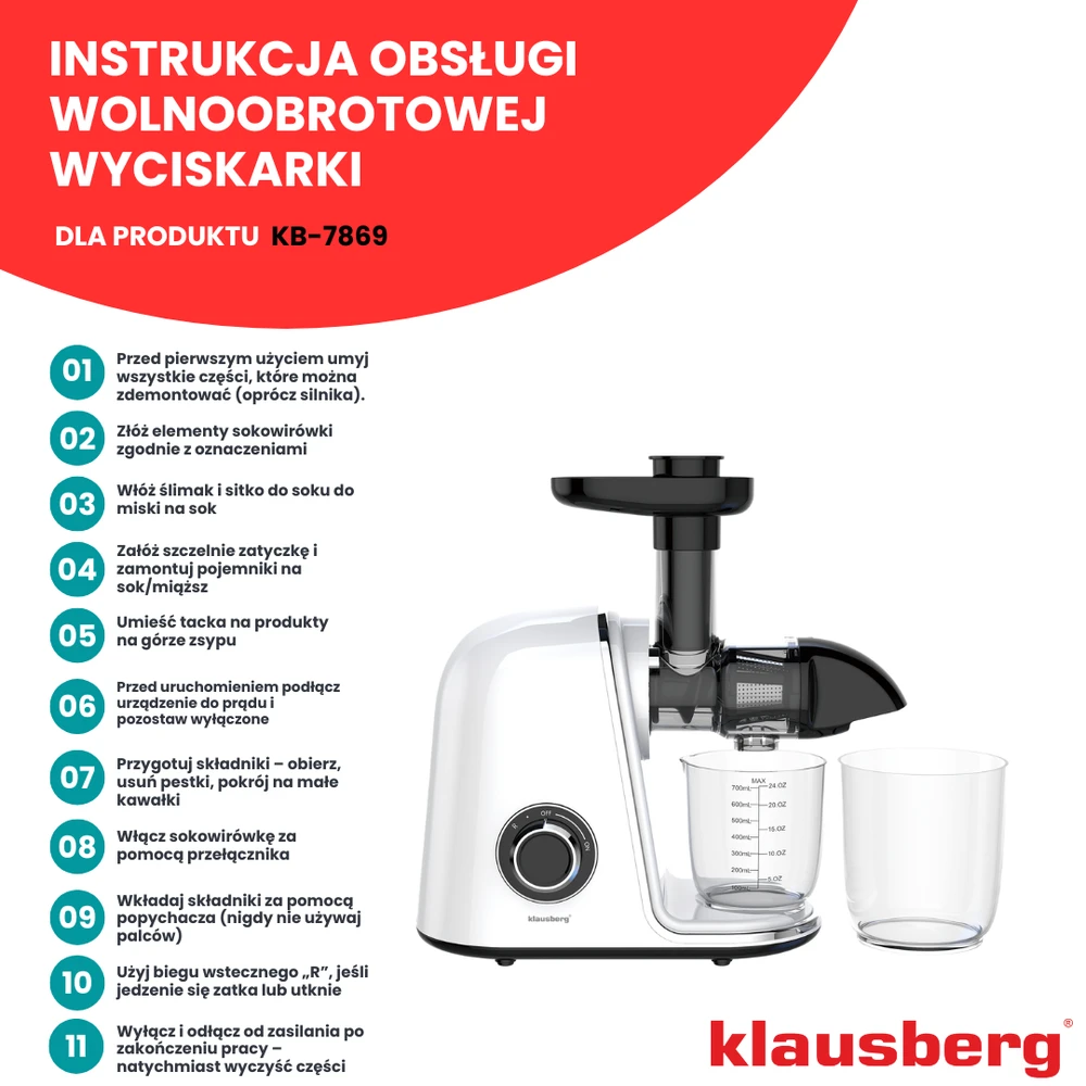 Sulčiaspaudė Lėtaeigė sulčiaspaudė vaisiams ir daržovėms, horizontali, balta, 150 W, Klausberg KB-7869