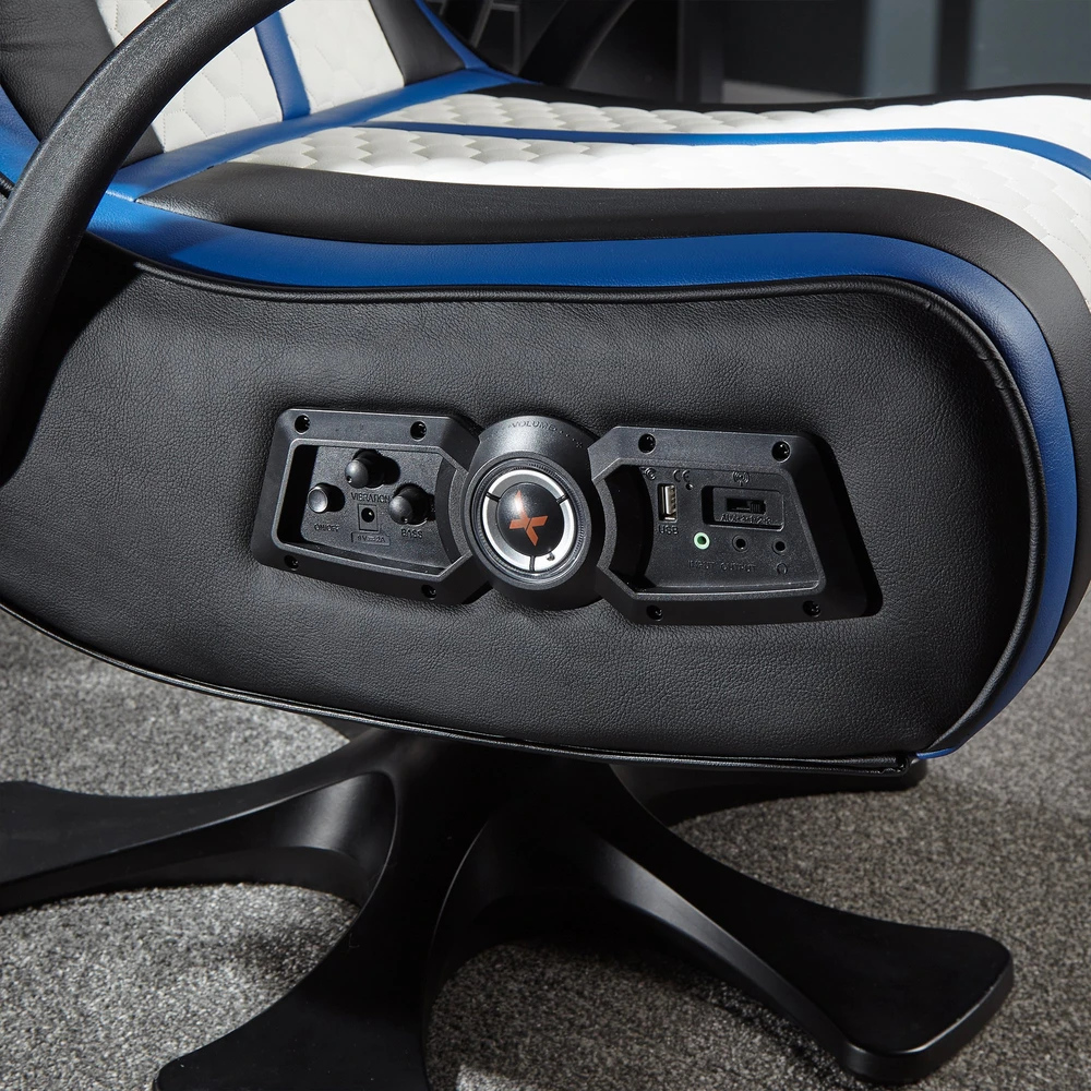 X Rocker „Xrocker Playstation Legend 2.1“ belaidė kėdė ant pjedestalo – balta, mėlyna ir juoda