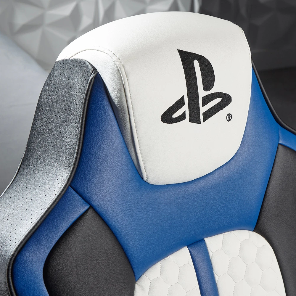 X Rocker „Xrocker Playstation Legend 2.1“ belaidė kėdė ant pjedestalo – balta, mėlyna ir juoda