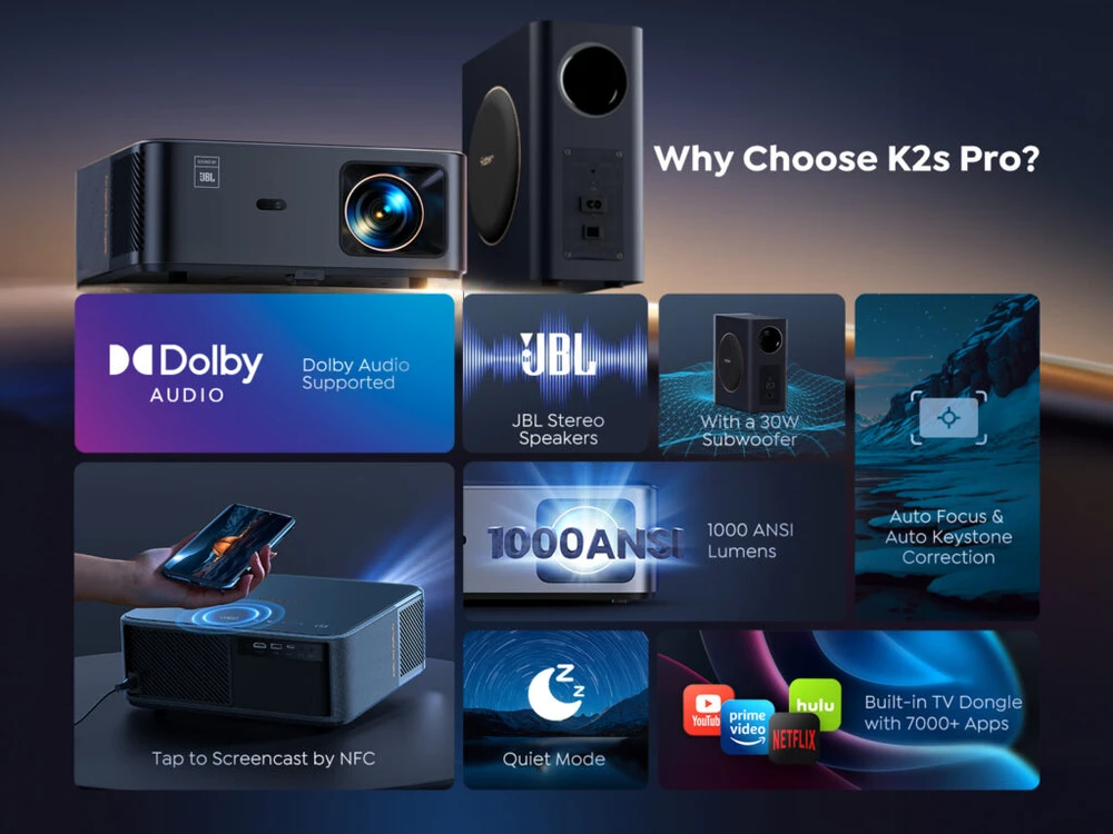Yaber K2s Pro LCD FullHD 1080p Multimedia Projektorius su JBL kolonėlėmis and Subwoofer – juodos spalvos