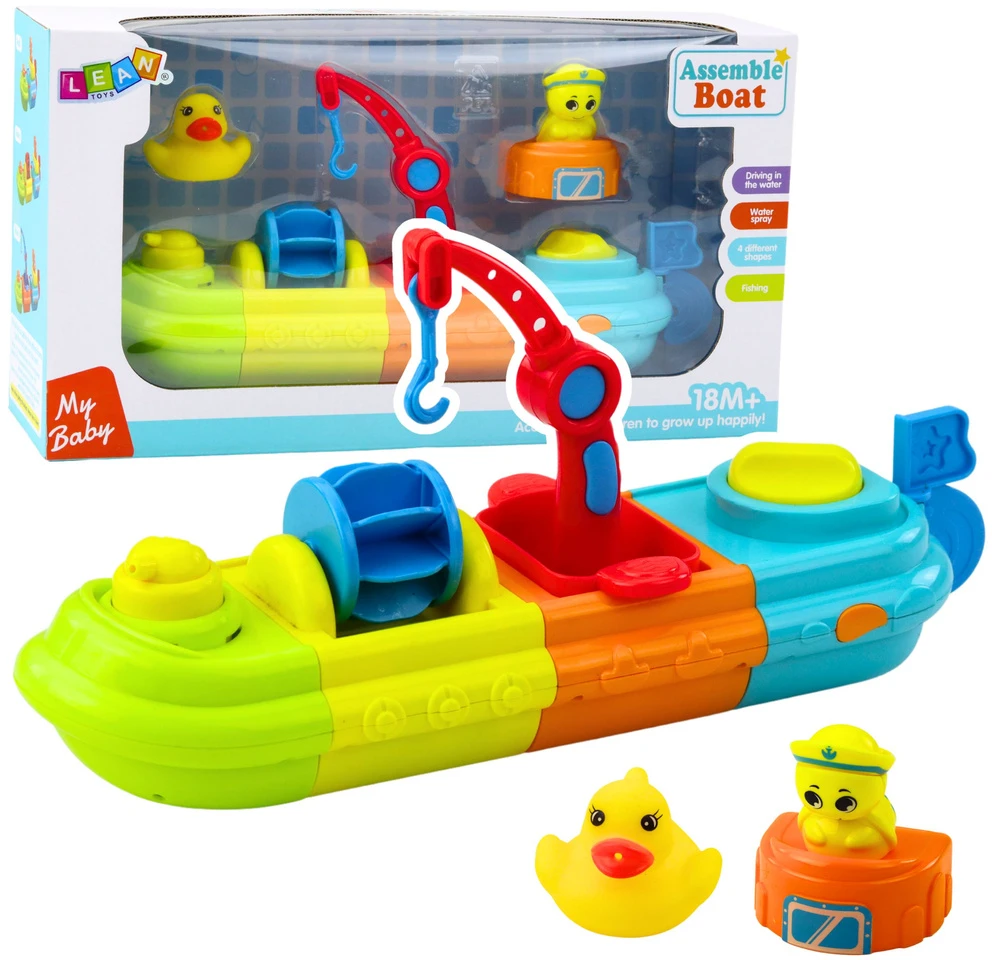 Lean Toys Vaikiškas vonios žaislas – laivas su kranu ir gyvūnėliais