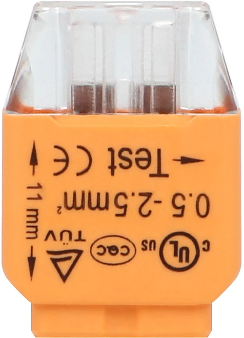Orno Złączka 2 laidų įspaudžiama instaliacinė jungtis; 0,75–2,5 mm² laidui; IEC 300 V / 24 A; 10 vnt. lizdinėje pakuotėje.