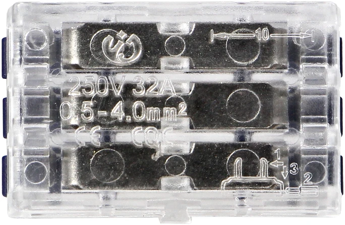 Orno Złączka 3 laidų kompresinė instaliacinė jungtis, dvipusė; bet kokiam 0,75–4 mm² laidui; IEC 250V/32A; 4 vnt. lizdinėje pakuotėje.