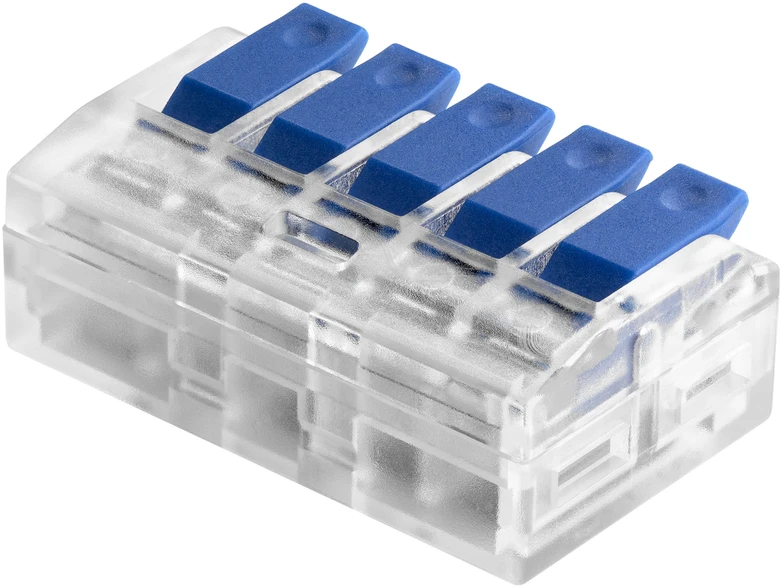 Orno Złączka 5 laidų kompresinė instaliacinė jungtis; bet kokiam 0,75–4 mm² laidui; IEC 450 V / 32 A; 4 vnt. lizdinėje pakuotėje.