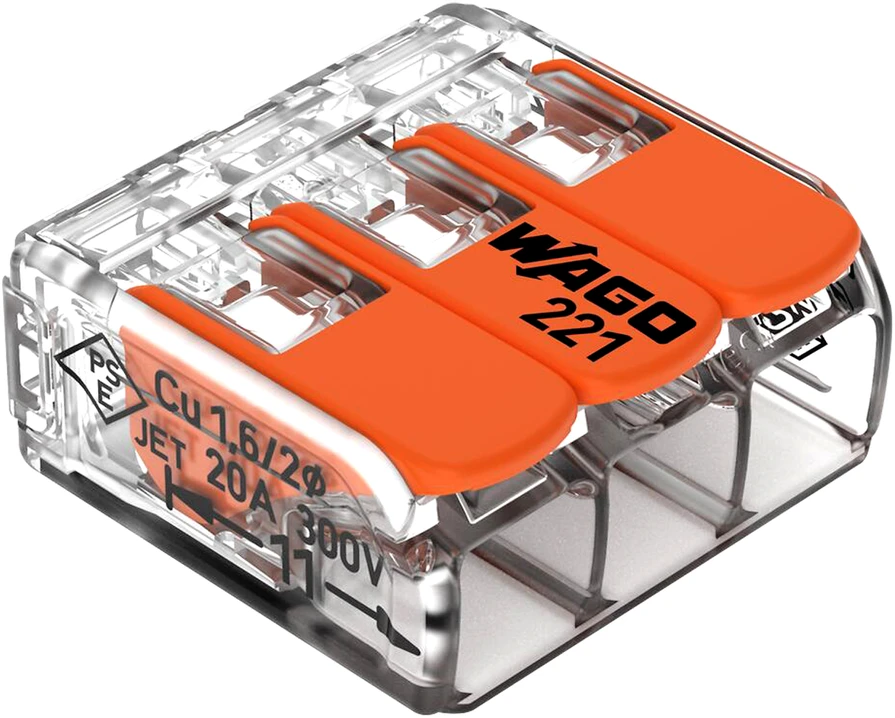 Złączka „Wago“ 3 takelių jungtis, modelis: 221-413, nuo 0,20 iki 4,00 mm², 5 vnt.