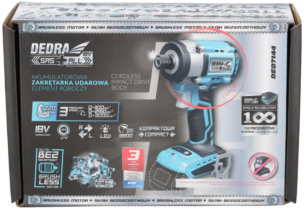 Dedra Suktuvas - gręžtuvas 220 nm 18 V bešepetėlinis kompaktiškas smūginis suktuvas