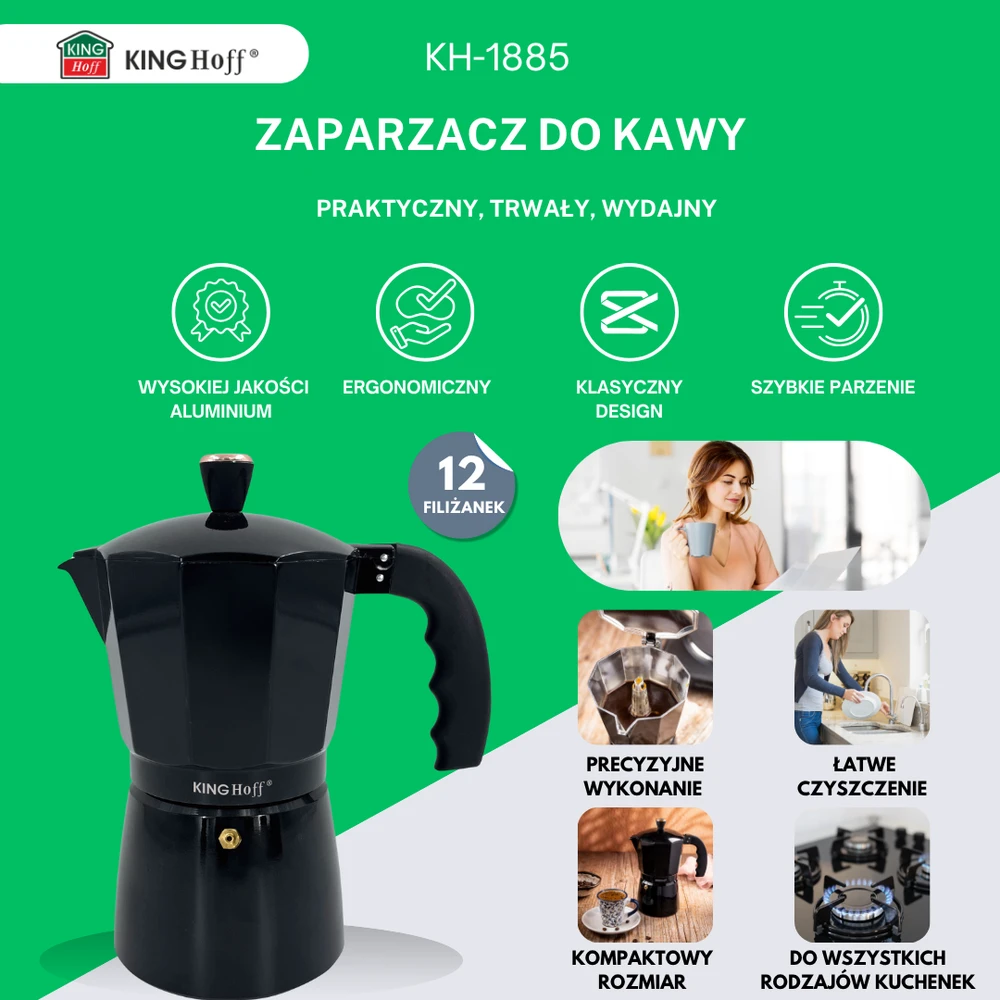 Zaparzacz Espreso kavos virimo aparatas, aliumininis, 12 puodelių, juodos/rožinio aukso spalvos, „Kinghoff“, KH-1885
