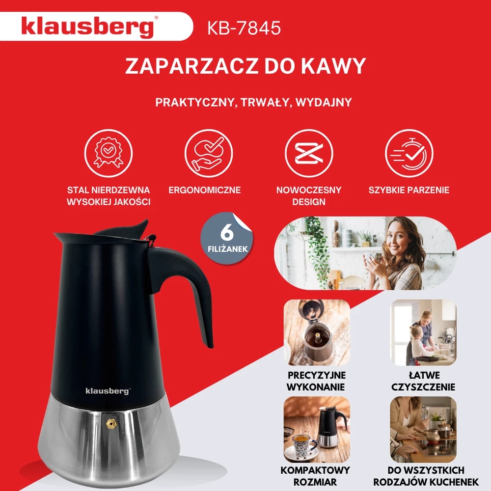 Zaparzacz Espreso kavos virimo aparatas, nerūdijančio plieno, 6 puodeliai, juodas/sidabrinis, Klausberg, KB-7845