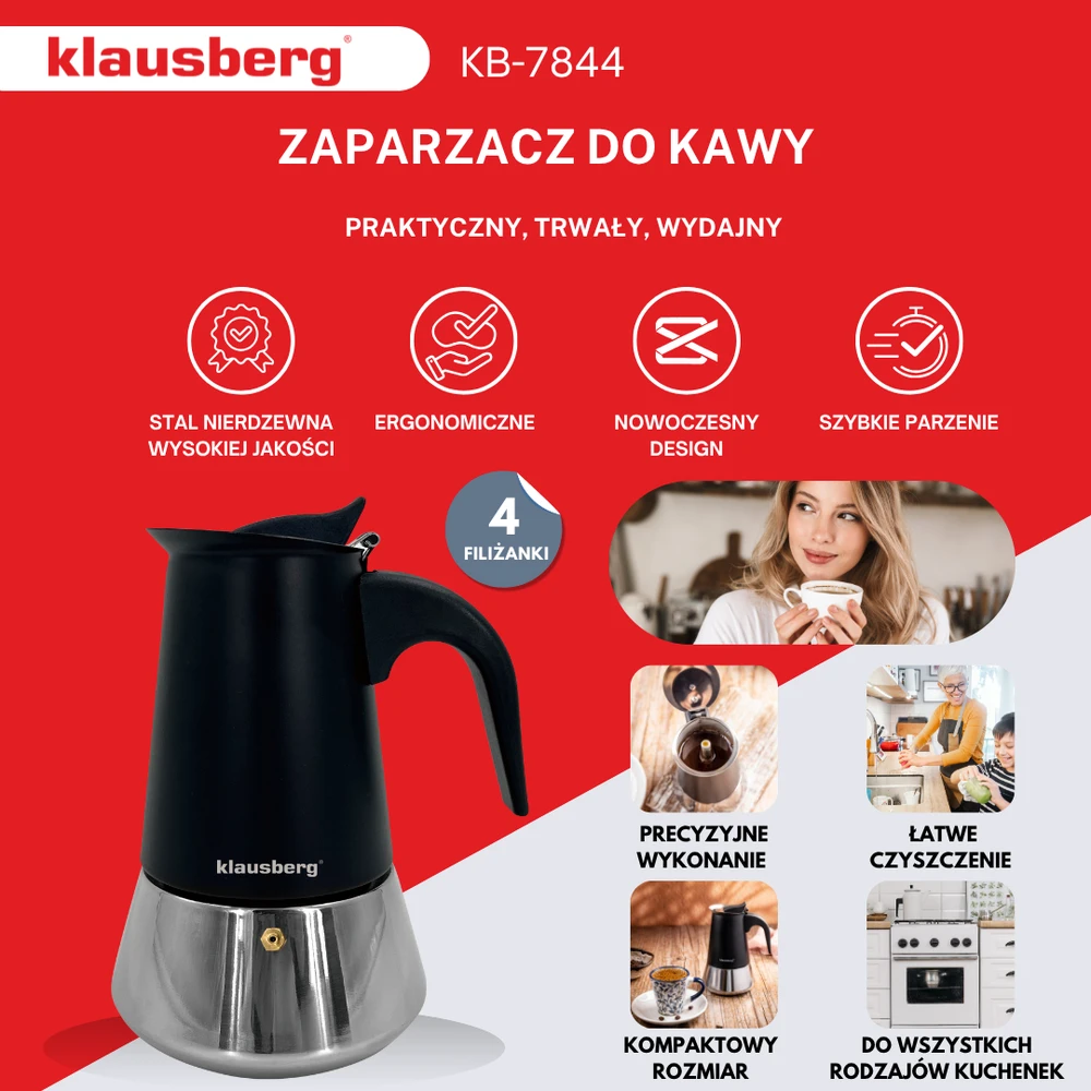 Zaparzacz Espreso kavos virimo aparatas, nerūdijančio plieno, 4 puodeliai, juodas/sidabrinis, Klausberg, KB-7844