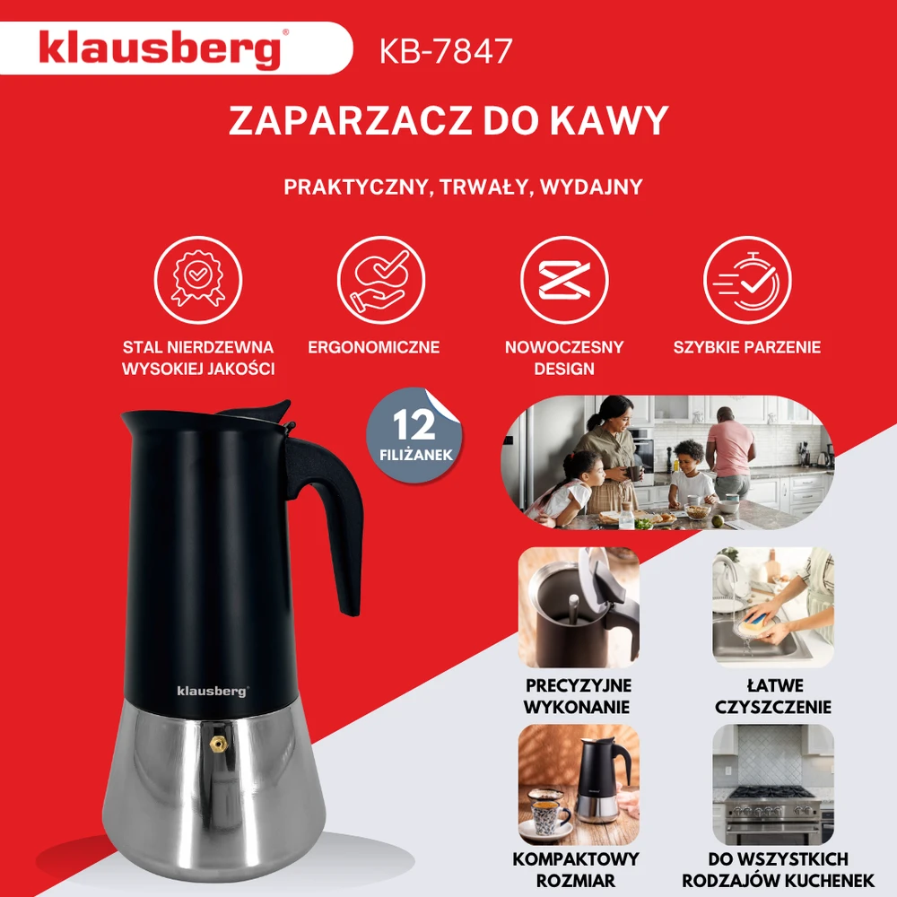 Zaparzacz Espreso kavos virimo aparatas, nerūdijančio plieno, 12 puodelių, juodas/sidabrinis, Klausberg, KB-7847