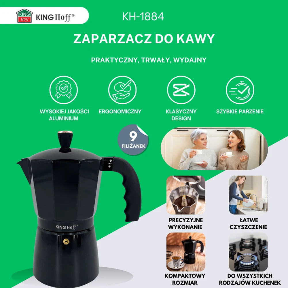Zaparzacz Espreso kavos virimo aparatas, aliumininis, 9 puodeliai, juodos/rožinio aukso spalvos, „Kinghoff“, KH-1884