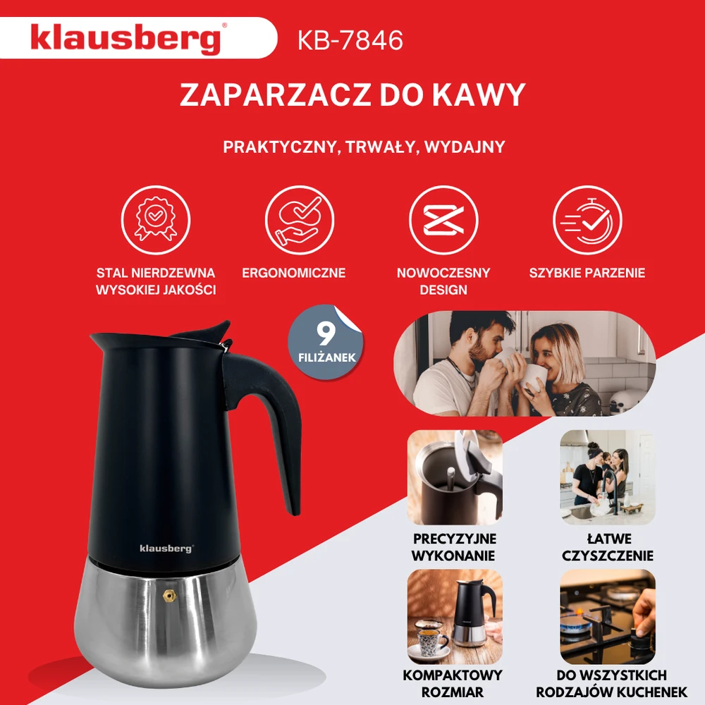 Zaparzacz Espreso kavos virimo aparatas, nerūdijančio plieno, 9 puodeliai, juodas/sidabrinis, Klausberg, KB-7846