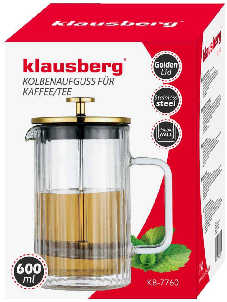 Zaparzacz Stūmoklinis kavos/arbatos virimo aparatas, stiklinis, 0,60 l, Klausberg, kb-7760